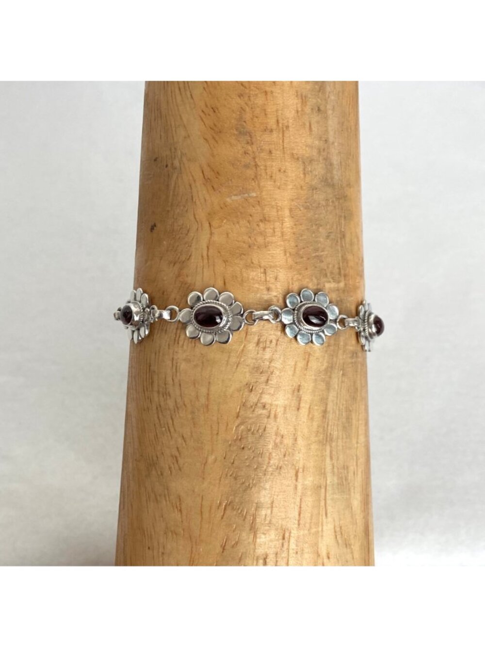 Sterling Silver 925 Garnet Cabochon Flower Floral Link Bracelet 7" - Picture 13 of 16